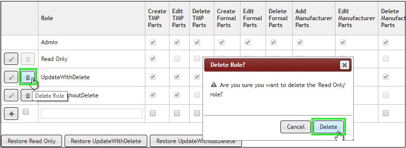 Role Administration: &nbsp;Delete Button