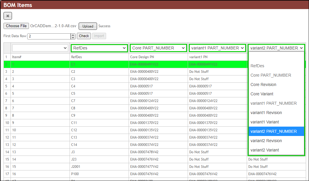 Map CSV BOM Columns to CIP and Select First Row of Data Part Table