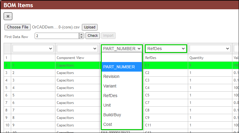 Map CSV BOM Columns to CIP and Select First Row of Data Part Table