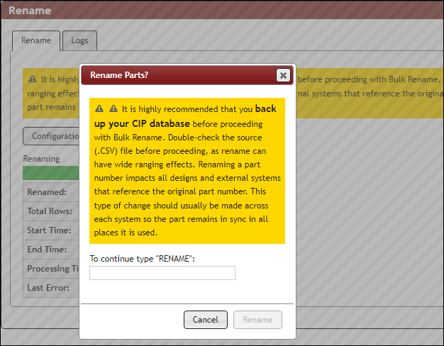 Rename Parts Confirmation Pop-up Window
