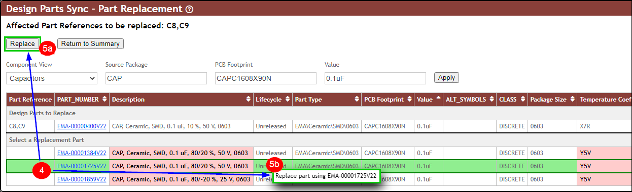 Design Parts Sync - Part Replacement - Select a Replacement Part
