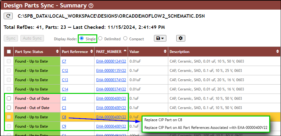 Single Display Mode - Right-click options to Replace Single RefDes or All RefDes Associated with the PN