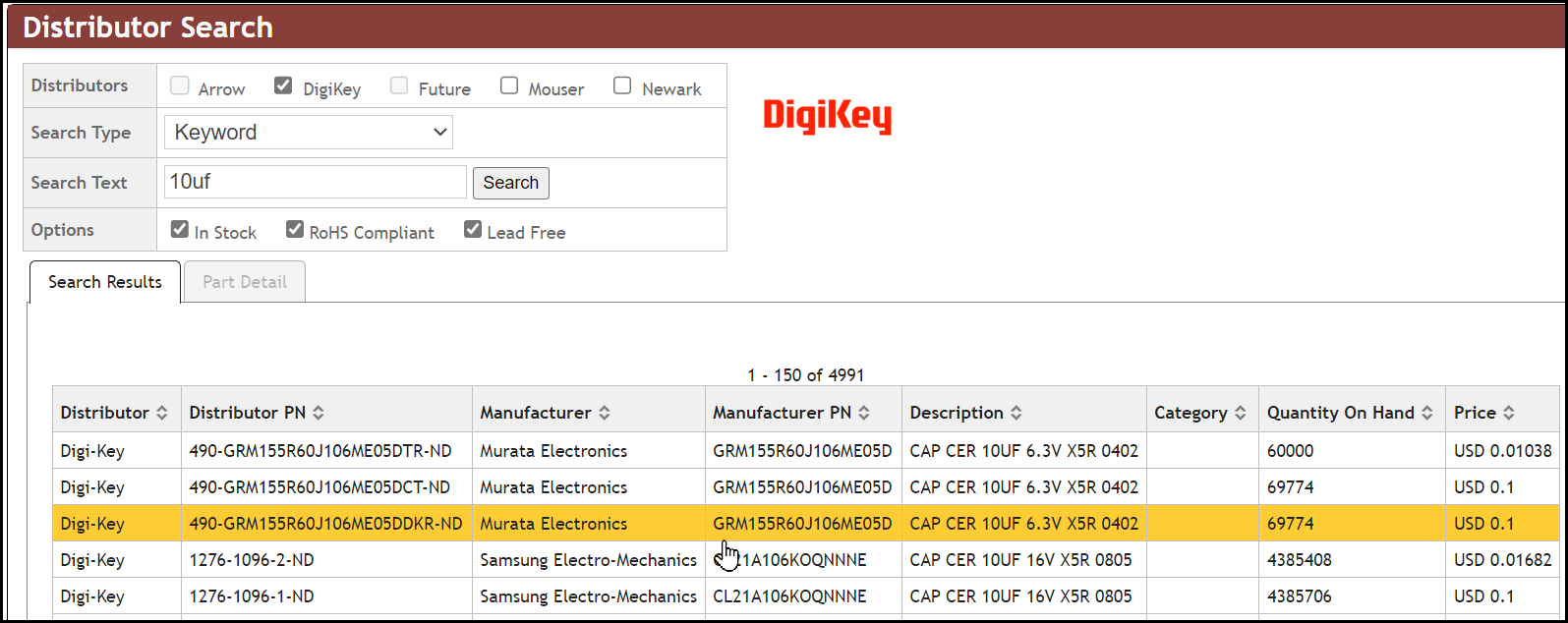 Sample Distributor Search Results
