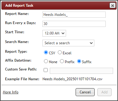 Add Report Task form